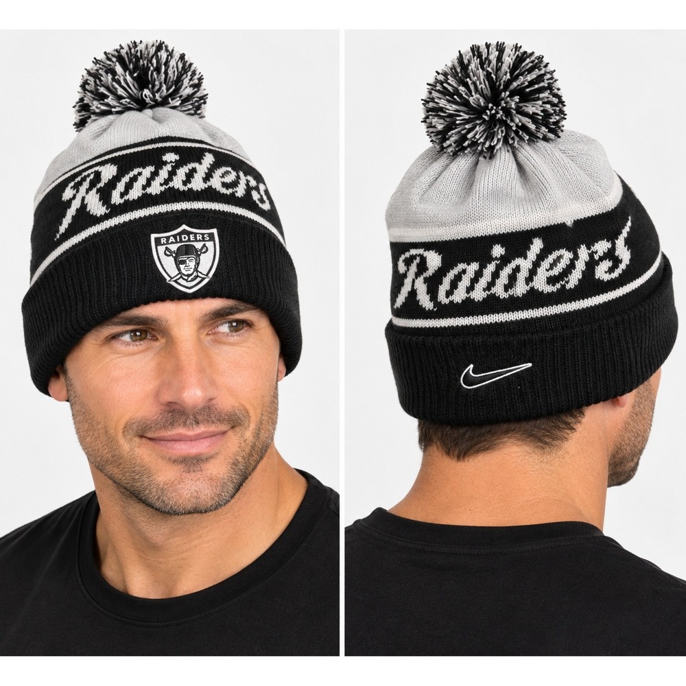 Nike Las Vegas Raiders Pom Beanie Hat Black Gray Knit Cuffed One Size